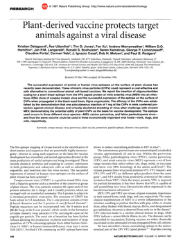 Derived Vaccine Protects Target Aniinals Against a Viral Disease