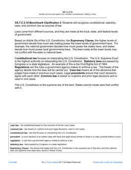 SS.7.C.3.10 Benchmark Clarification 2: Students Will Recognize Constitutional, Statutory, Case, and Common Law As Sources of Law