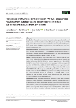 Prevalence of Structural Birth Defects in IVF-ICSI Pregnancies Resulting from Autologous and Donor Oocytes in Indian Sub-Continent: Results from 2444 Births