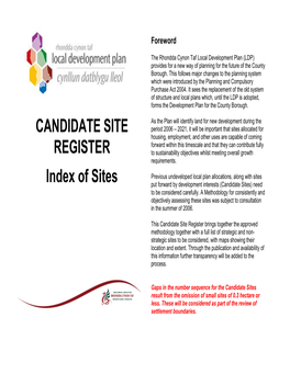 CANDIDATE SITE REGISTER Index of Sites