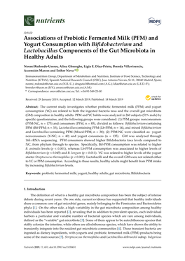 Associations of Probiotic Fermented Milk (PFM) and Yogurt Consumption with Biﬁdobacterium and Lactobacillus Components of the Gut Microbiota in Healthy Adults