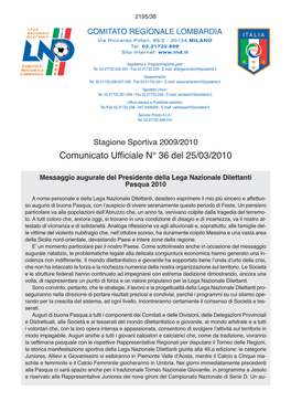 Comunicato Ufficiale N° 36 Del 25/03/2010