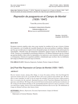 Represión De Posguerra En El Campo De Montiel (1939 / 1947)”