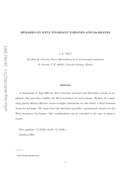 Arxiv:Hep-Th/0110227V1 24 Oct 2001 Elivrac Fpbae.Orcnieain a Eextended Be Can Considerations Branes