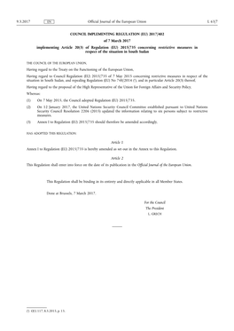 402 of 7 March 2017 Implementing Article 20(3) of Regulation (EU) 2015/735 Concerning Restrictive Measures in Respect of the Situation in South Sudan