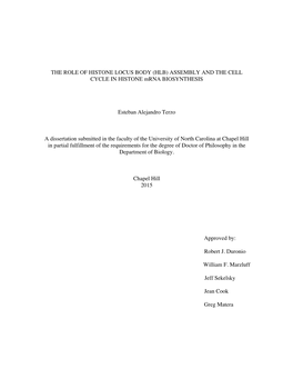 THE ROLE of HISTONE LOCUS BODY (HLB) ASSEMBLY and the CELL CYCLE in HISTONE Mrna BIOSYNTHESIS