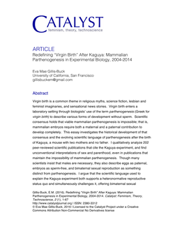 ARTICLE Redefining “Virgin Birth” After Kaguya: Mammalian Parthenogenesis in Experimental Biology, 2004-2014