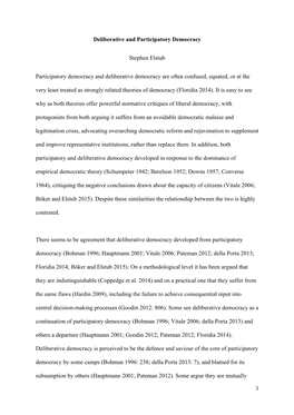 Deliberative and Participatory Democracy Stephen Elstub Participatory Democracy and Deliberative Democracy Are Often Confused, E