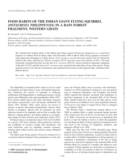 Food Habits of the Indian Giant Flying Squirrel (Petaurista Philippensis) in a Rain Forest Fragment, Western Ghats