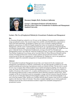 Dr. Rosemary Knight Has Worked for Over 30 Years on the Challenge of Using Geophysical Methods to Image Groundwater Systems