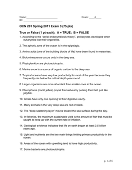 OCN 201 Spring 2011 Exam 3 (75 Pts) True Or False (1 Pt Each)