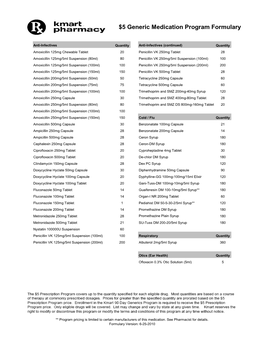 $5 Generic Medication Program Formulary