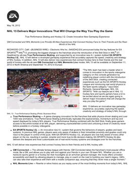 NHL 13 Delivers Major Innovations That Will Change the Way You Play the Game