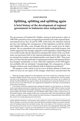 Splitting, Splitting and Splitting Again a Brief History of the Development of Regional Government in Indonesia Since Independence