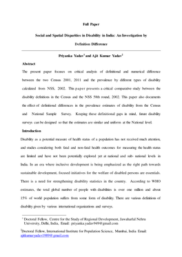 Full Paper Social and Spatial Disparities in Disability in India