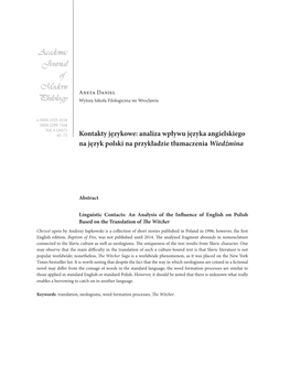 Kontakty Językowe: Analiza Wpływu Języka Angielskiego Na Język Polski Na Przykładzie Tłumaczenia Wiedźmina