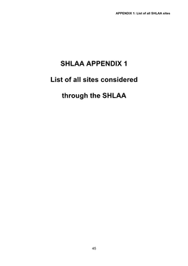 SHLAA APPENDIX 1 List of All Sites Considered Through the SHLAA