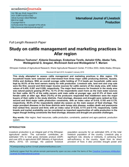 Study on Cattle Management and Marketing Practices in Afar Region