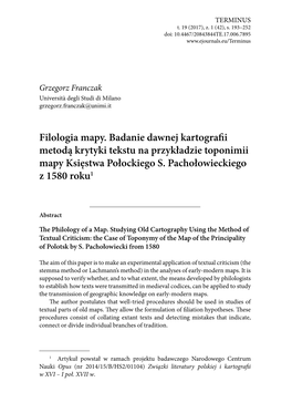 Filologia Mapy. Badanie Dawnej Kartografii Metodą Krytyki Tekstu Na