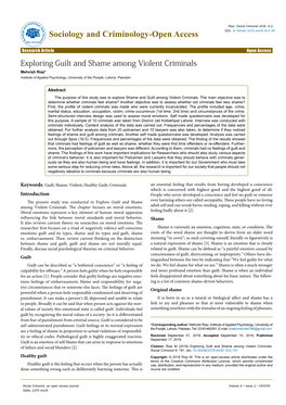 Exploring Guilt and Shame Among Violent Criminals Mehvish Riaz* Institute of Applied Psychology, University of the Punjab, Lahore, Pakistan