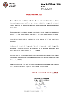 Comunicado Oficial N.: 549 Data: 14/06/2019