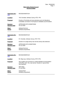 Date: 05/06/2020 Page: 1 Mole Valley District Council Decisions Made Application No.: MO/2020/0483/PLAH Link Location: 148, Ov