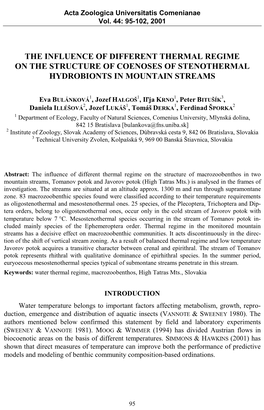 The Influence of Different Thermal Regime on the Structure of Coenoses of Stenothermal Hydrobionts in Mountain Streams