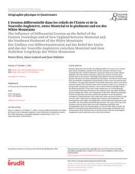 L'érosion Différentielle Dans Les Reliefs De L'estrie Et De La Nouvelle-Angleterre, Entre Montréal Et Le Piedmont Sud-Est Des White Mountains