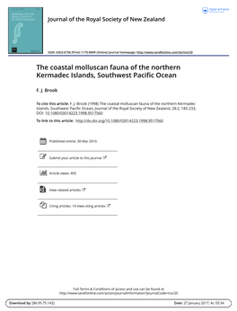 The Coastal Molluscan Fauna of the Northern Kermadec Islands, Southwest Pacific Ocean