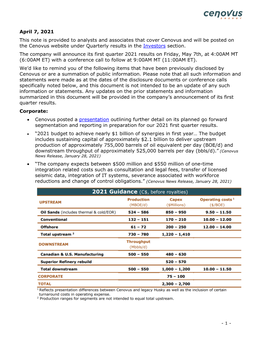 April 7, 2021 This Note Is Provided to Analysts and Associates That Cover Cenovus and Will Be Posted on the Cenovus Website Unde