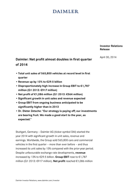 IR Release: Daimler Net Profit Almost Doubles in First Quarter of 2014