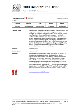 Cestrum Nocturnum Global Invasive