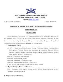 SREE SANKARACHARYA UNIVERSITY of SANSKRIT, KALADY P.O., ERNAKULAM, KERALA – 683 574 (Website: No