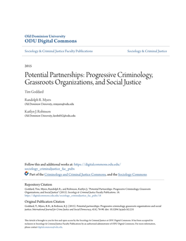 Progressive Criminology, Grassroots Organizations, and Social Justice Tim Goddard