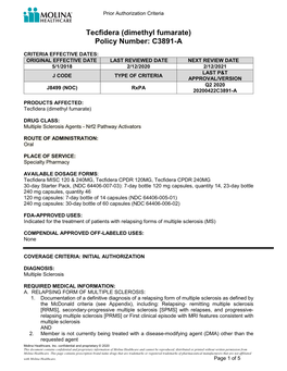 Tecfidera (Dimethyl Fumarate) Policy Number: C3891-A