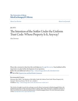 The Intention of the Settlor Under the Uniform Trust Code: Whose Property Is It, Anyway?