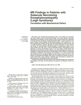 MR Findings in Patients with Subacute Necrotizing Encephalomyelopathy (Leigh Syndrome): Correlation with Biochemical Defect