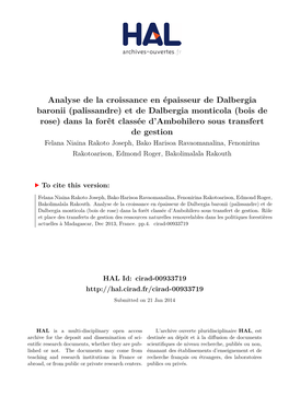 Analyse De La Croissance En Épaisseur De Dalbergia Baronii (Palissandre) Et De Dalbergia Monticola (Bois De Rose) Dans La Forê
