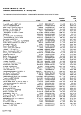 Schroder UK Mid Cap Fund Plc Unaudited Portfolio Holdings at 31St July 2020