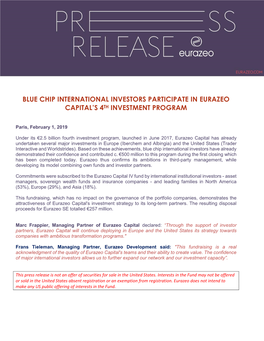 Blue Chip International Investors Participate in Eurazeo Capital’S 4Th Investment Program