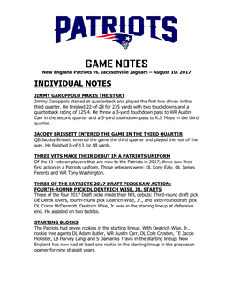 GAME NOTES New England Patriots Vs