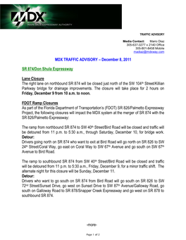 WEEKLY TRAFFIC ADVISORY 13 of 52