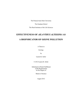 Effectiveness of Ailanthus Altissima As a Bioindicator of Ozone Pollution