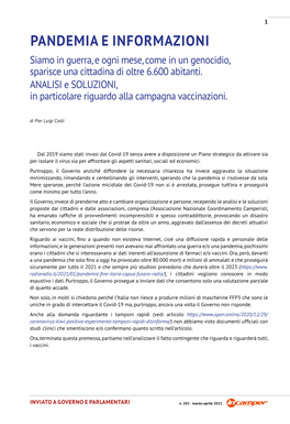 PANDEMIA E INFORMAZIONI Siamo in Guerra, E Ogni Mese, Come in Un Genocidio, Sparisce Una Cittadina Di Oltre 6.600 Abitanti