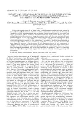 Density and Elevational Distribution of the San Francisco Peaks Ragwort, Packera Franciscana (Asteraceae), a Threatened Single-Mountain Endemic