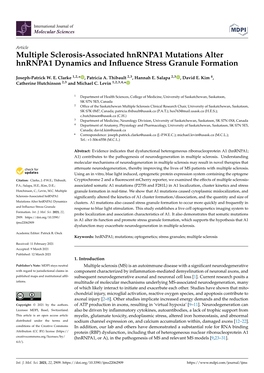 Multiple Sclerosis-Associated Hnrnpa1 Mutations Alter Hnrnpa1 Dynamics and Inﬂuence Stress Granule Formation