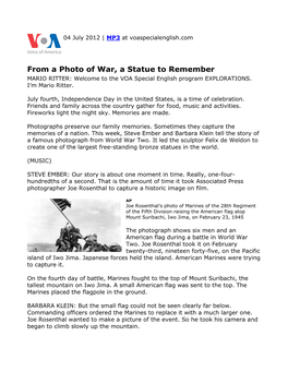 From a Photo of War, a Statue to Remember MARIO RITTER: Welcome to the VOA Special English Program EXPLORATIONS