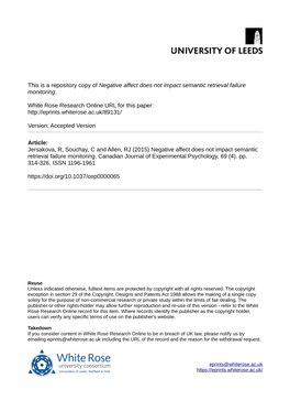 Negative Affect Does Not Impact Semantic Retrieval Failure Monitoring