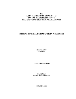 T.C. Süleyman Demirel Üniversitesi Sosyal Bilimler Enstitüsü Felsefe Ve Din Bilimleri Anabilim Dali