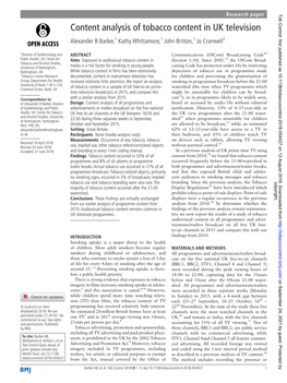 Content Analysis of Tobacco Content in UK Television Alexander B Barker,1 Kathy Whittamore,1 John Britton,1 Jo Cranwell2